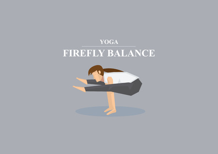 Sporty women supports body and outstretched legs with arms on floor in yoga firefly pose. Vector illustration isolated on plain grey background.のイラスト素材