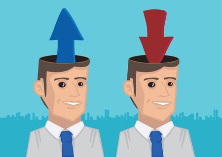 Arrows coming out and going into opened heads of two businessmen. Vector illustration for metaphor information upload and downloadのイラスト素材