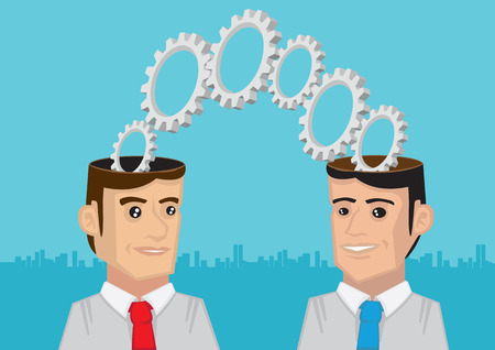 Cogs and toothed wheels coming out of two men with open minds. Metaphorical vector illustration for Two Heads are Better than One.のイラスト素材