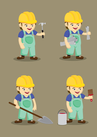Set of four vector illustration of cute industrial worker wearing yellow helmet and overall with hand holding work tools in cartoon style isolated on plain brown backgroundのイラスト素材