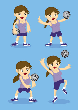 Set of four vector cartoon girl playing volley ball. Illustration isolated on blue background.のイラスト素材