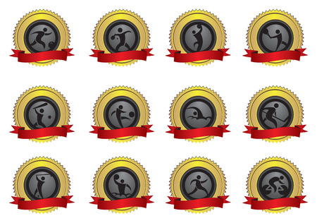 Set of twelve sports gold medals decorated with red ribbon decoration with copy space. Vector illustration isolated on white backgroundのイラスト素材