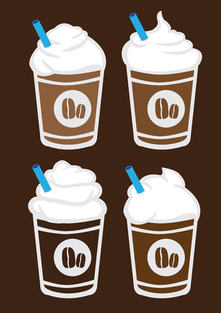 Set of four vector illustration of iced coffee with whip cream and blue straw in plastic cup isolated on brown backgroundのイラスト素材