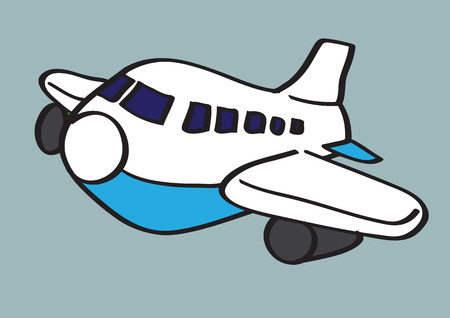 Vector illustration of airplane in cartoon style with black outline isolated on plain blue backgroundのイラスト素材