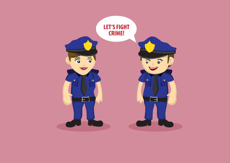 Vector illustration of cartoon policeman saying let's fight crime to policewomanのイラスト素材