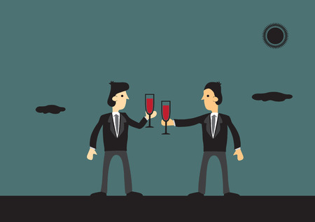 Vector cartoon illustration of businessmen clinking glasses with red wine at outdoors to celebrate successful partnership.のイラスト素材