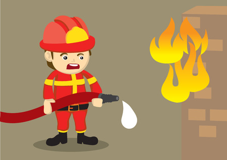 Cute vector cartoon illustration of a distressed firefighter in red uniform holding a dripping water hose in front of a brick house on fire.のイラスト素材