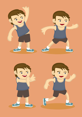 Vector illustration of a young boy in sports attire doing simple warm-up stretching exercises isolated on orange backgroundのイラスト素材