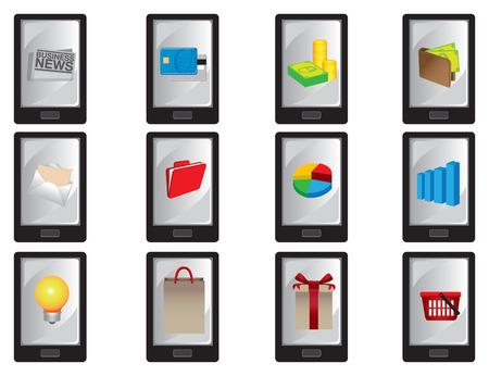 Collection of vector illustration of wireless smart mobile phone with business icons displayed on screen isolated on white.のイラスト素材