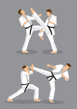 Vector illustration of full body karate black belt male fighter doing high kicks in karate training.のイラスト素材