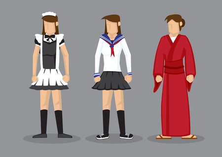 Cute vector cartoon illustration of cosplayer girls in fancy costumes, french maid, sailor uniform and Japanese kimono, isolated on grey background.のイラスト素材