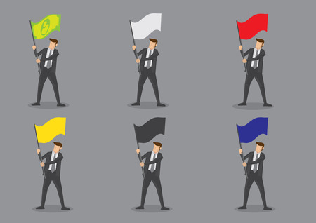 Vector illustration of businessman in suit and necktie carrying blank color flag with copy space. Set of six cartoon character isolated on grey backgroundのイラスト素材