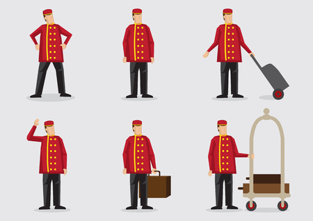Set of six vector illustration of the character of a doorman or porter wearing red double-breasted uniform in the hospitality industryのイラスト素材