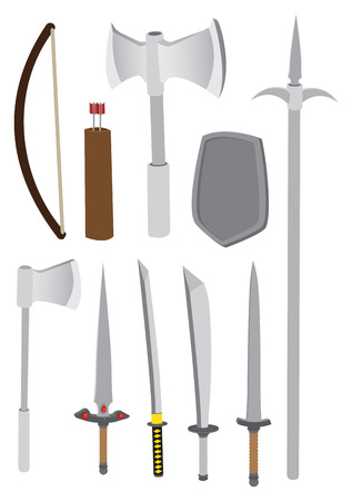 Vector illustration of different types of medieval combat weapons such as axe, bow, arrows, knife, sword and spear, isolated on white background.のイラスト素材
