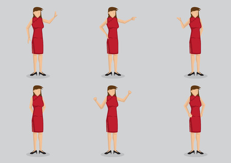 Set of six vector cartoon character of a woman wearing knee length red cheongsam, a traditional Chinese dress, in different poses and gestures, isolated on grey background.のイラスト素材
