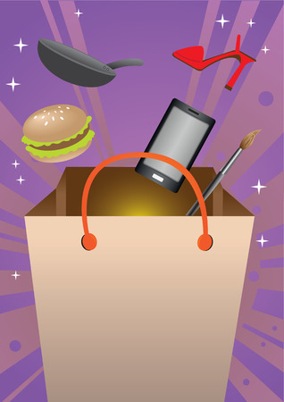Merchandise and consumer products flying into shopping bag on vibrant sunburst background. Vector illustration for concept on shopping experience and retail sale event.のイラスト素材