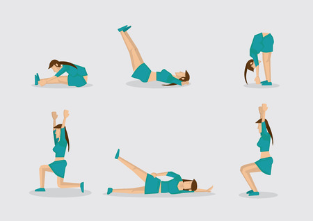 Set of six vector illustrations of sporty woman doing simple exercises for work out routine. Cartoon characters isolated on plain background.のイラスト素材