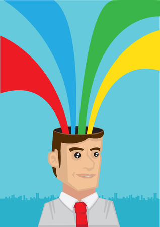 Happy white collar worker with multicolor rainbow rays coming out of cartoon head. Vector cartoon illustrationのイラスト素材