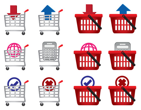 Set of shopping cart and basket with web symbols. Conceptual vector icons for e-commerce isolated on white background.のイラスト素材