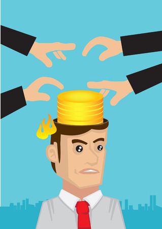 Businessman angry with hands stealing money from his head. Creative concept vector cartoon illustration for intellectual property infringement.のイラスト素材
