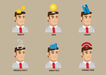 Man wearing white collar shirt and necktie with conceptual symbols in head. Set of six vector character icons isolated on plain background.のイラスト素材