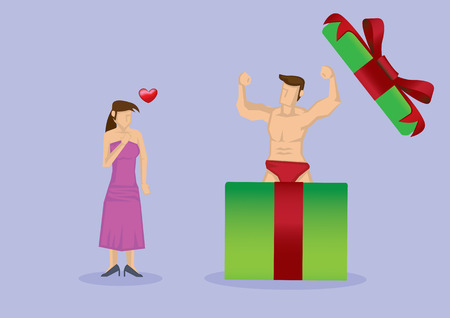 Strong hunk wearing sexy red briefs in a gift box surprises woman. Vector illustration isolated on purple background.のイラスト素材