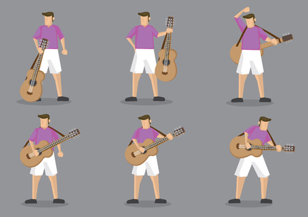 Set of six vector cartoon character of a guitarist playing music on acoustic guitar isolated on grey background.のイラスト素材
