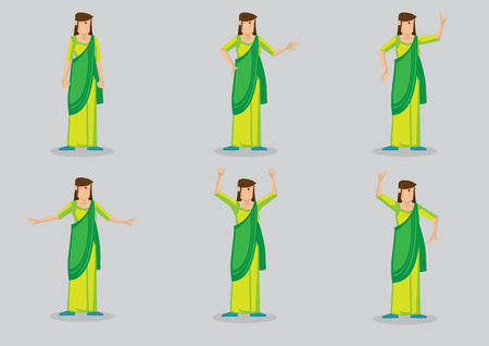 Cartoon character of woman with red bindi on forehead wearing green sari, a type of traditional costume in South Asia. Set of six vector illustration isolated on grey background.のイラスト素材
