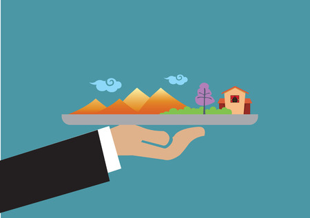 Hand holding a plate with charming landscape of mountains, trees and house. Creative vector illustration isolated on green background on travel vacation concept.のイラスト素材