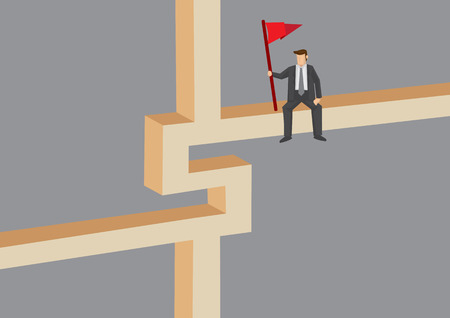 Cartoon businessman holding red flag sitting on dollar sign construction block. Creative vector illustration isolated on grey background.のイラスト素材