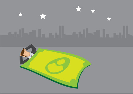 Vector illustration of cartoon businessman resting under starlight kept warm by dollar note duvet with city skyscraper skyline background.のイラスト素材