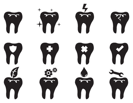 Black and white vector icon set of conceptual symbols on tooth isolated on white background for dental and oral care.のイラスト素材