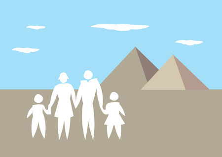 Vector cartoon illustration of silhouette of a family holding hands with Egyptian pyramid in background.のイラスト素材