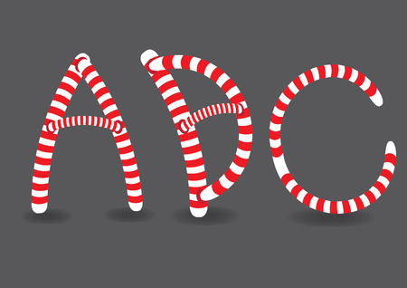 Vector illustration of capital letters A, B and C in fun candy cane-like red and white stripes isolated on grey background.のイラスト素材