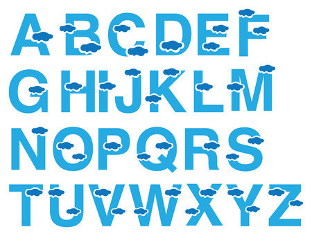 Vector font design in blue with floating cloud design. Complete set of 26 alphabets in capital letters isolated on white background.のイラスト素材
