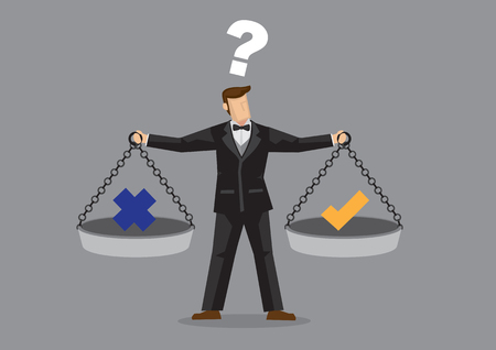 Cartoon man wearing full suit and bow tie balancing cross and tick symbol on two weighing trays on both arms. Creative vector illustration for ethical dilemma concept isolated on grey background.のイラスト素材