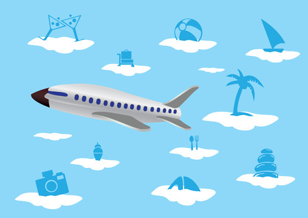 Vector illustration of a flying airplane and summer holiday vacation icons floating on clouds isolated on blue background.のイラスト素材
