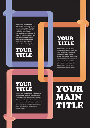 Three interlinked boxes made of turning arrows with space for copy and title on black background. Abstract vector background for page layout design template for magazine, poster and other publications in colors.のイラスト素材