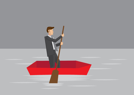 Vector cartoon illustration of businessman paddling with wooden oar in a small boat surrounded by water.のイラスト素材