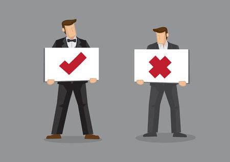 Vector Illustration of two men in suit holding placards with tick and cross symbols isolated on grey background.のイラスト素材