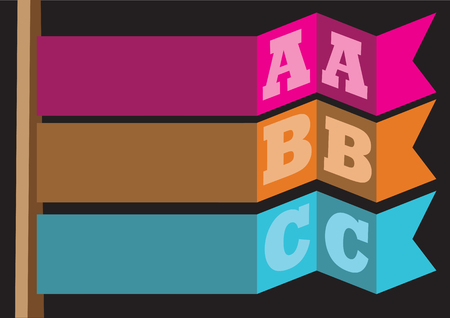 Ribbon flag with copy space and alphabets as bullet points. Abstract vector background layout design isolated on black background for list, index or content pageのイラスト素材