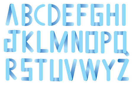 Complete set of vector alphabets formed by overlapping light blue thin rectangular strips. Type design isolated on white background.のイラスト素材