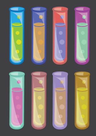 Set of eight vector illustration of fantasy colorful test tubes containing bubbling chemical liquid isolated on black background.のイラスト素材