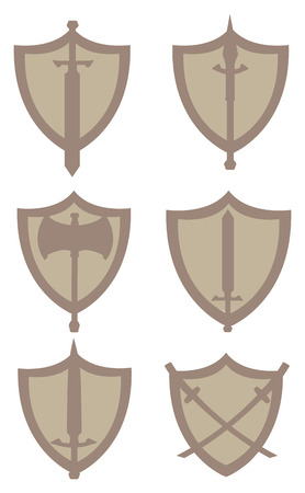 Set of six vector illustration for medieval weapon and shield designs in brown isolated on white background.のイラスト素材