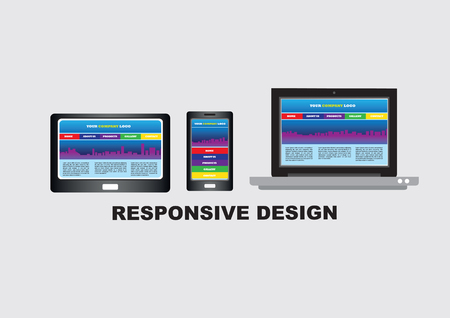 Digital tablet, smart phone and laptop computer with the same website on screen. Vector illustration on responsive web design isolated on plain light grey background.のイラスト素材
