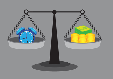 Weighing scales with gold coins and dollar notes representing money and alarm clock with bells representing time. Vector illustration on value of time concept isolated on grey background.のイラスト素材