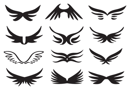 Wings in different designs. Vector illustration in black isolated on white background.のイラスト素材