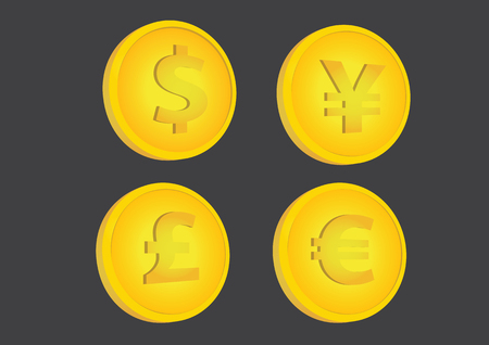 Set of four illustrations of gold coins with dollar, yen, pound and euro currency symbols, in slightly tilted position, isolated on black background.のイラスト素材