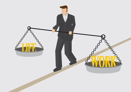 Businessman walking on balance beam and holding balance scales with text Work and Life on each pan. Creative illustration for work life balance concept isolated on plain background.のイラスト素材