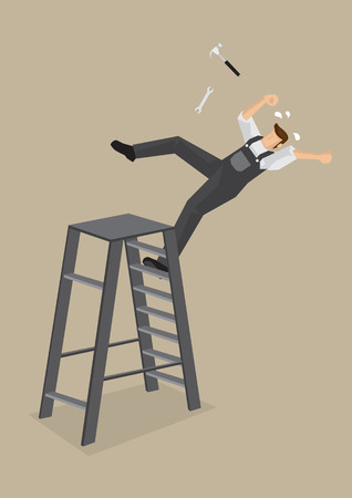 Blue-collar worker loses balance and falls backward from ladder with tools flying off. cartoon illustration on work accident concept isolated on plain background.のイラスト素材